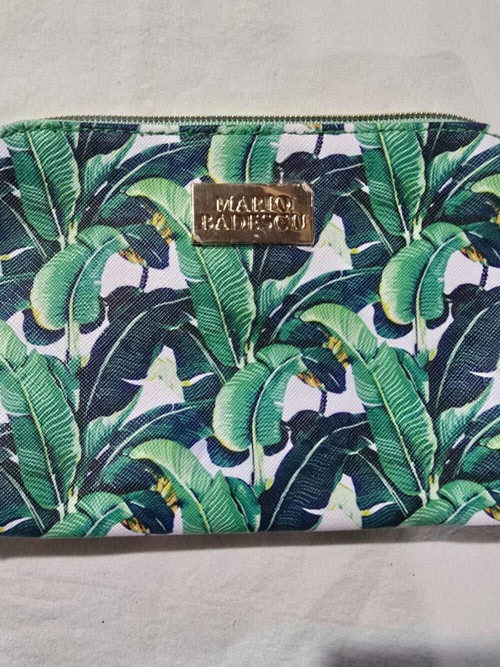 Mario Badescu Tropical Banana Leaf Makeup Bag Cosmetic Pouch Gold Logo New